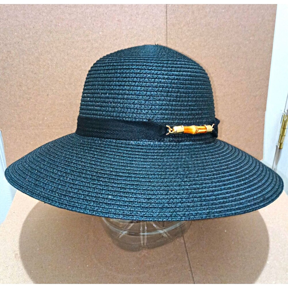 Nicole Marciano Women’s Sun Hat Black Wide Brim Paper Solid Strap One Size